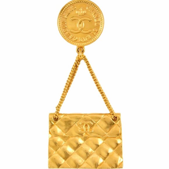 CHANEL CC Logo Quilted Bag Motif Brooch Gold Tone Pin 95A Auth - Picture 1 of 5
